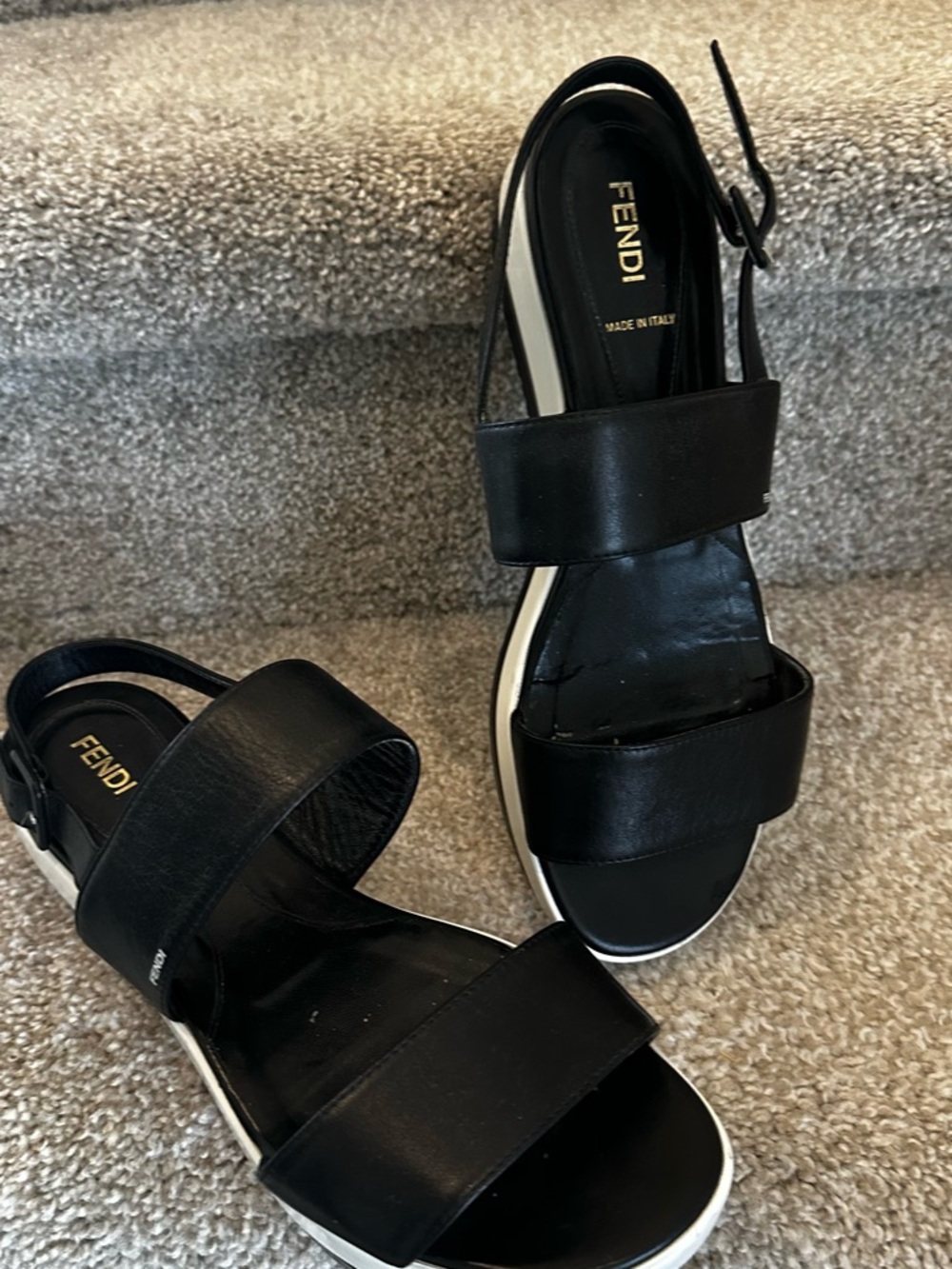 Fendi Black Leather Double-Band Slingback Sandals with White Trim